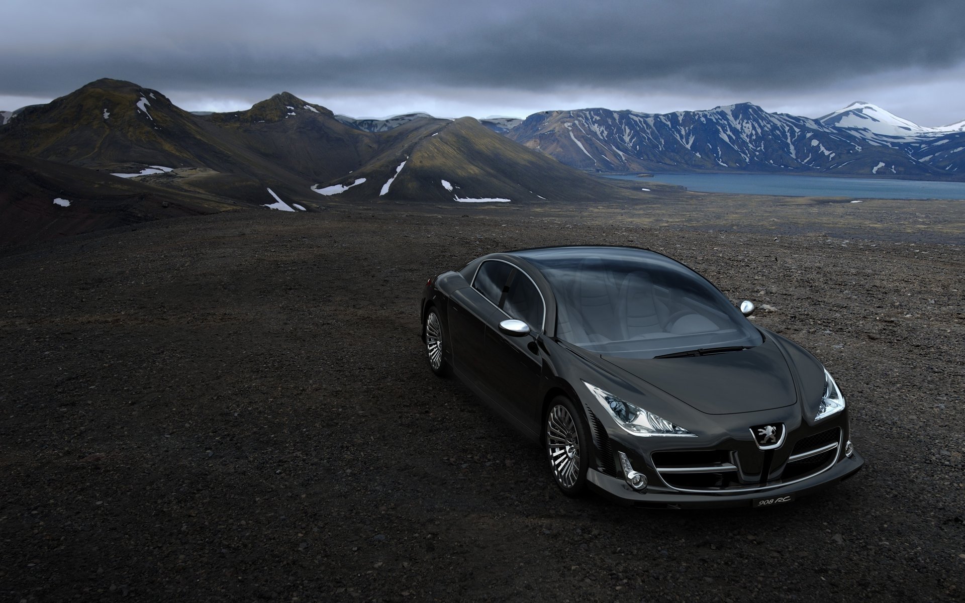 HD PC desktop wallpaper of a sleek black Peugeot parked on a stark volcanic plain with snow-capped mountains and a moody sky.