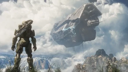 HD desktop wallpaper of Master Chief from Halo 4, a popular sci-fi video game, standing in a landscape with mountains and a futuristic spacecraft in the sky.