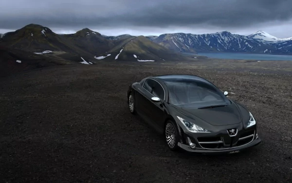 HD PC desktop wallpaper of a sleek black Peugeot parked on a stark volcanic plain with snow-capped mountains and a moody sky.