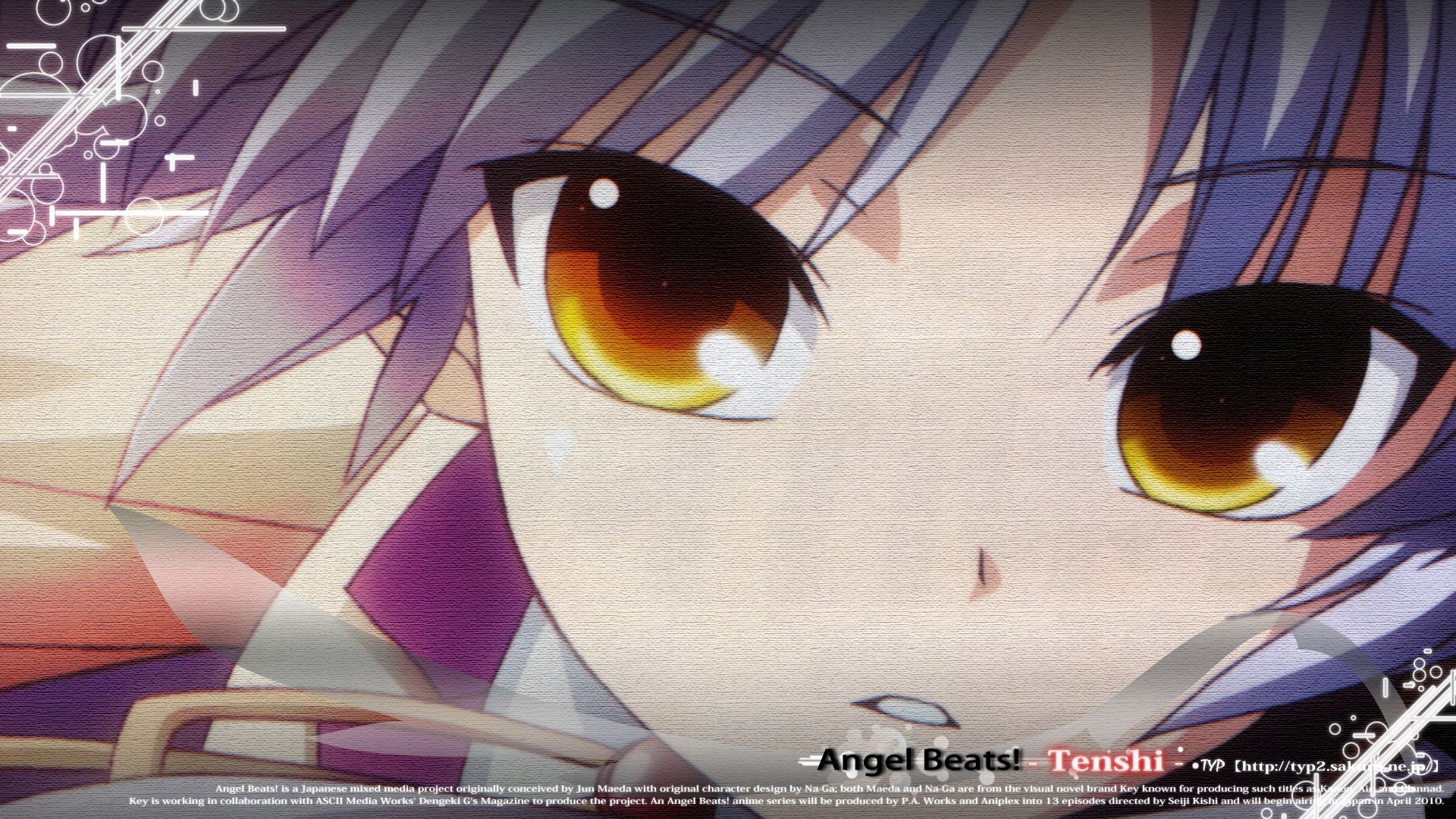 Close-up HD anime wallpaper of Kanade Tachibana from Angel Beats! featuring her distinctive golden eyes and silver hair against a soft, abstract background.