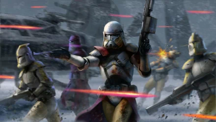 A dynamic Star Wars-themed HD PC desktop wallpaper featuring clone troopers in action amidst a snowy battlefield, showcasing intense energy blasts and military engagement.