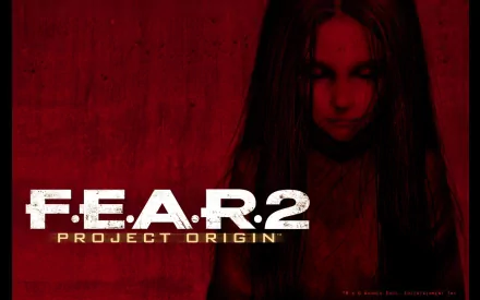 HD PC desktop wallpaper featuring a dark, eerie figure from the video game F.E.A.R. 2: Project Origin with the game's title prominently displayed.