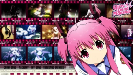Yui (Angel Beats!) anime HD PC desktop wallpaper: pink-haired Yui in school uniform foreground with a filmstrip montage of Angel Beats! scenes across a dark background.