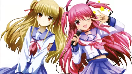HD PC wallpaper of Angel Beats! anime: Yusa (blonde) and Yui (pink twin‑tails) in school uniforms, Yui winking and singing into a microphone.