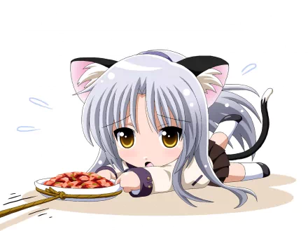 Chibi-style Kanade Tachibana from Angel Beats! with cat ears, lying on the floor reaching for a plate of food in an HD anime desktop wallpaper.