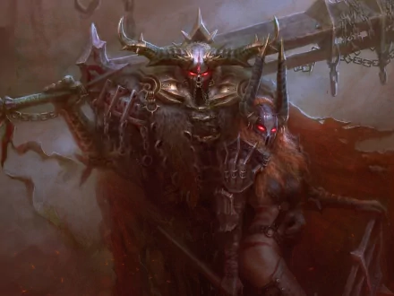 A dark warrior stands menacingly, adorned in intricate armor with glowing red eyes, accompanied by a female figure, set against a dramatic, shadowy background. HD PC desktop wallpaper.