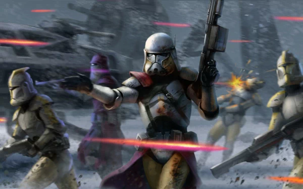 A dynamic Star Wars-themed HD PC desktop wallpaper featuring clone troopers in action amidst a snowy battlefield, showcasing intense energy blasts and military engagement.