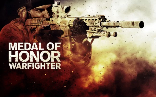 HD PC desktop wallpaper featuring intense soldier aiming a rifle, promoting the video game Medal of Honor: Warfighter with dramatic smoke and lighting effects.