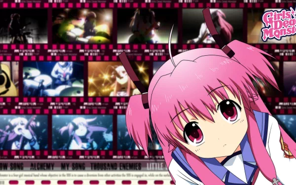 Yui (Angel Beats!) anime HD PC desktop wallpaper: pink-haired Yui in school uniform foreground with a filmstrip montage of Angel Beats! scenes across a dark background.