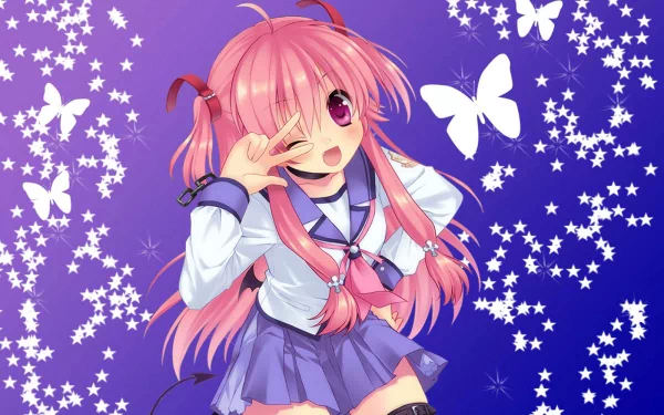 HD PC desktop wallpaper featuring Yui from Angel Beats! in anime style, set against a vibrant purple background with white star and butterfly motifs.