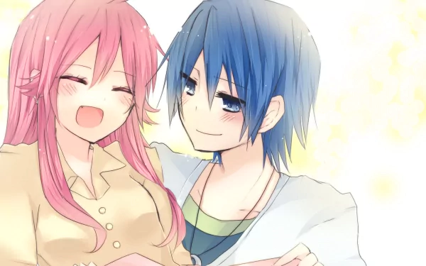 HD anime wallpaper featuring Hinata Hideki and Yui from Angel Beats!, showcasing the characters in a warm, cheerful moment with soft pastel colors.