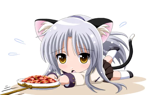 Chibi-style Kanade Tachibana from Angel Beats! with cat ears, lying on the floor reaching for a plate of food in an HD anime desktop wallpaper.