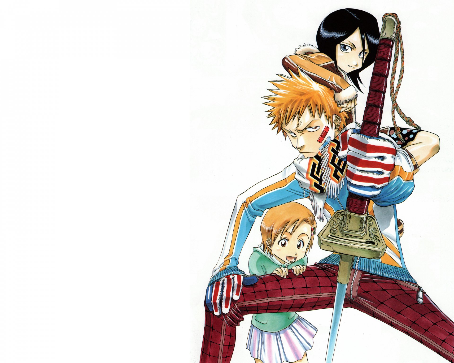 4K Ultra HD PC desktop wallpaper and background of Bleach anime: Ichigo Kurosaki clutching his sword, Rukia Kuchiki behind him and Yuzu Kurosaki in front on a white background.