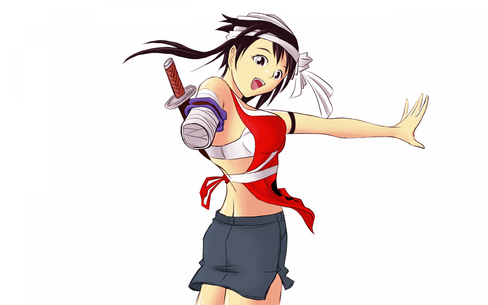 Kuukaku Shiba (Bleach anime) in a red halter top and short skirt, white headband and sash, striking an energetic pose with a small sword — 2K Quad HD PC desktop wallpaper/background.