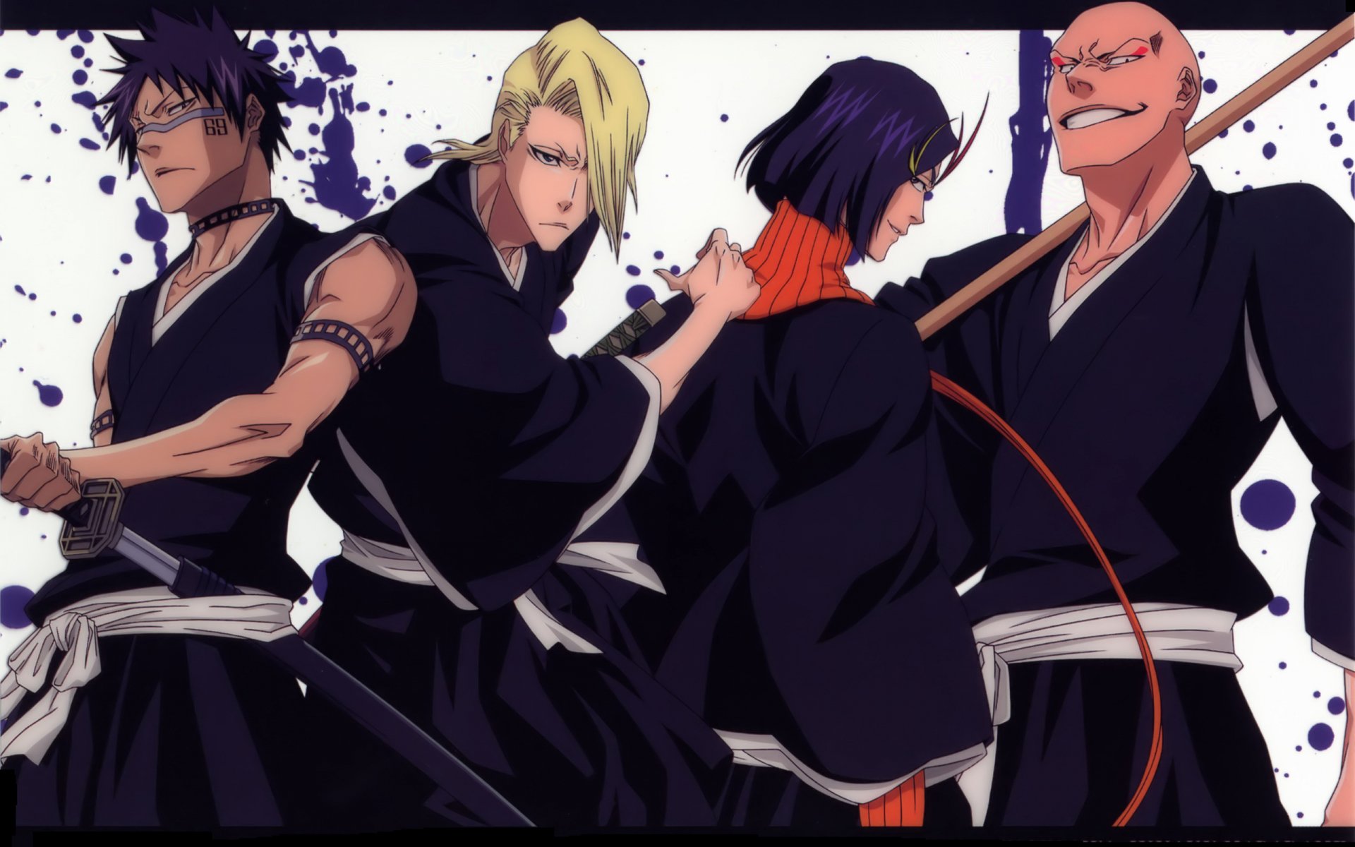 Bleach 2K Quad HD PC wallpaper showing Hisagi Shūhei, Izuru Kira, Yumichika Ayasegawa and Ikkaku Madarame in black shihakusho, poised and ready for battle.