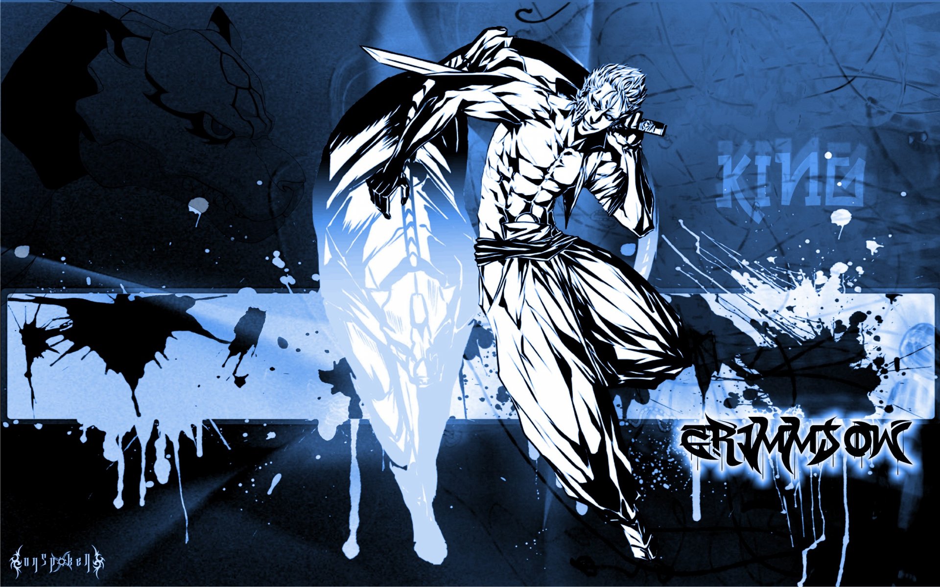 HD PC desktop wallpaper featuring Grimmjow Jaegerjaquez from the anime Bleach, depicted in dynamic action with a bold, stylized blue and black background.