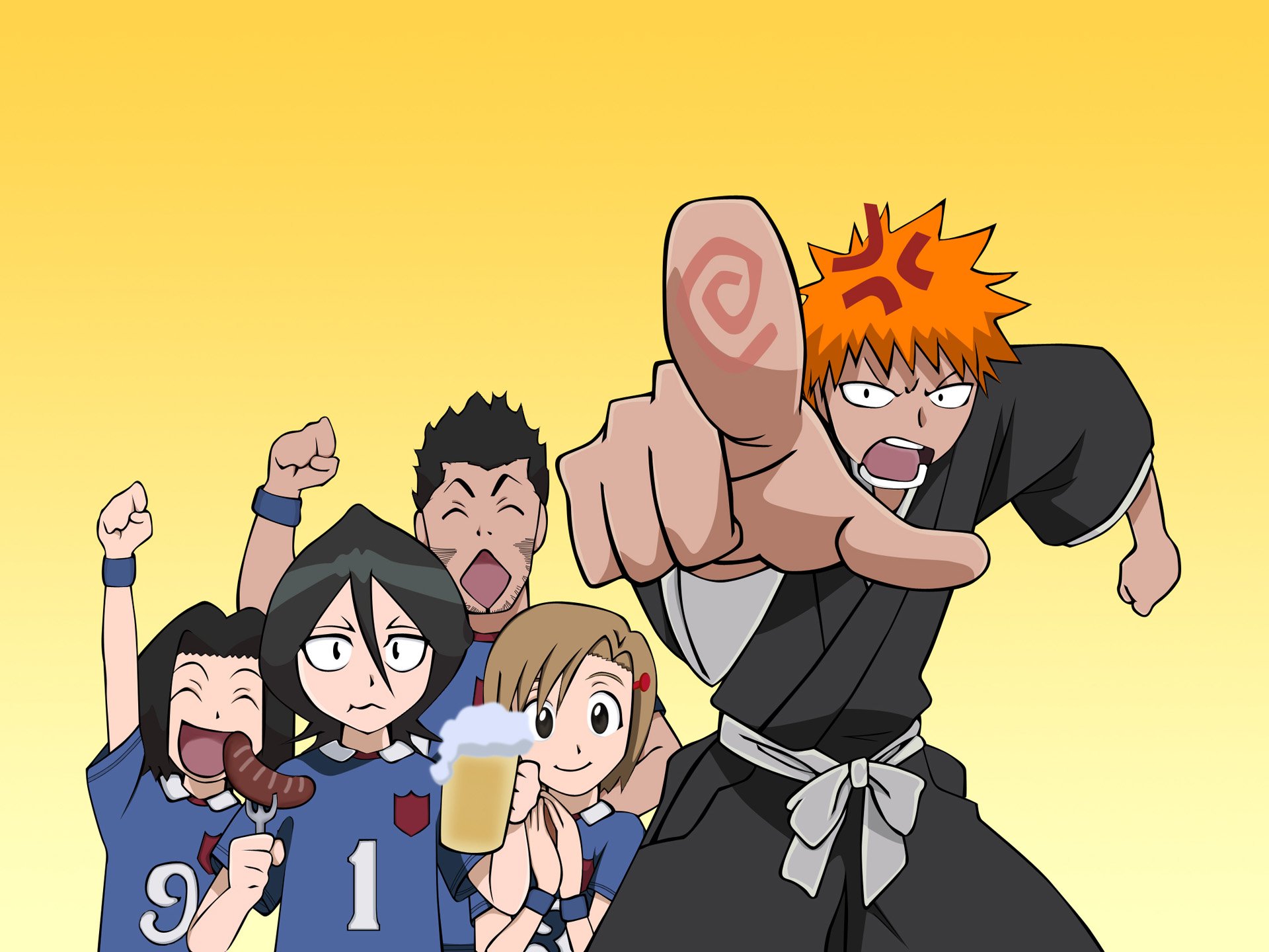 HD PC desktop wallpaper featuring anime characters Ichigo Kurosaki, Rukia Kuchiki, Yuzu Kurosaki, Karin Kurosaki, and Isshin Kurosaki from Bleach.