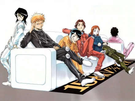 Anime characters Yasutora Sado, Orihime Inoue, Rukia Kuchiki, and Ichigo Kurosaki from Bleach are seated casually on a white couch in this 4K Ultra HD PC desktop wallpaper.