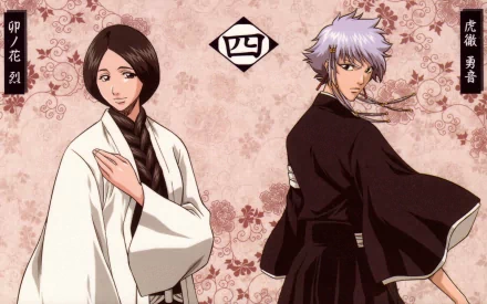 HD anime wallpaper featuring Unohana Retsu and Isane Kotetsu from Bleach, set against a floral pink background with traditional Japanese elements.