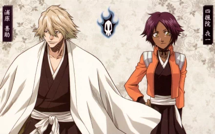 HD PC desktop wallpaper featuring Bleach characters Kisuke Urahara and Yoruichi Shihôin with a subtle patterned background and character name tags in Japanese.