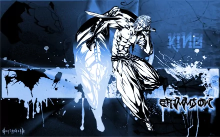 HD PC desktop wallpaper featuring Grimmjow Jaegerjaquez from the anime Bleach, depicted in dynamic action with a bold, stylized blue and black background.
