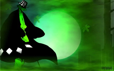 HD anime desktop wallpaper featuring Kisuke Urahara from Bleach, depicted in dark tones with vibrant green highlights and a glowing moon in the background.