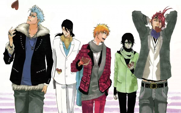 Five characters from the anime Bleach, including Ichigo Kurosaki, Grimmjow Jaegerjaquez, Byakuya Kuchiki, Renji Abarai, and Ulquiorra Cifer, pose in a colorful, stylized scene.
