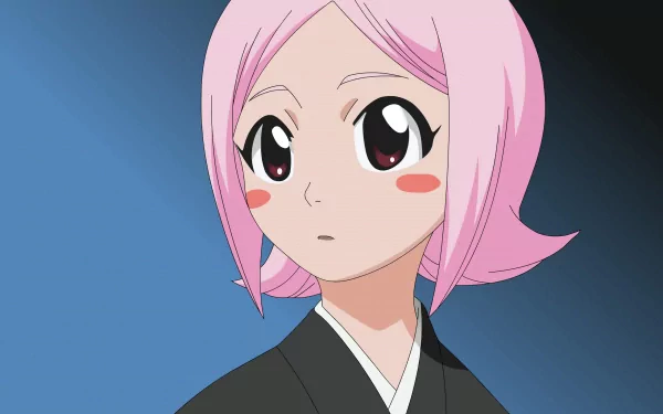 HD PC desktop wallpaper featuring Yachiru Kusajishi from the anime Bleach with her distinctive pink hair and black outfit against a blue background.