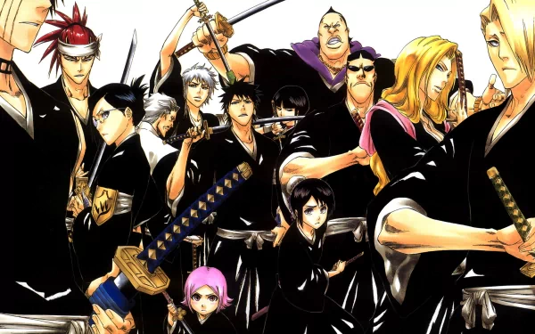 A dynamic HD wallpaper featuring characters from Bleach, including Chōjirō Sasakibe, Marechiyo Ōmaeda, Nanao Ise, and others, showcasing their iconic looks and weapons.