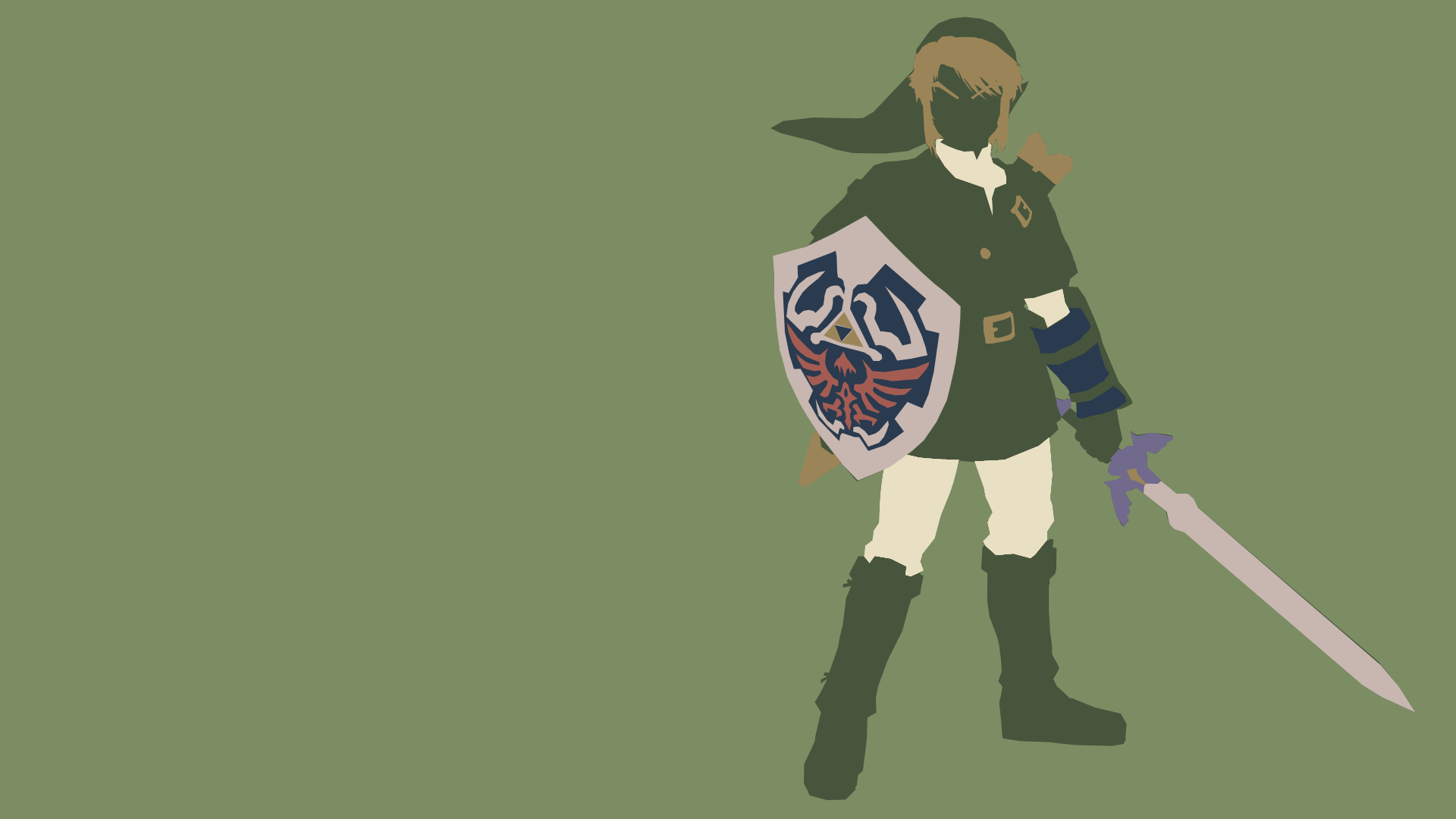 Minimalist HD PC desktop wallpaper featuring Link from the video game The Legend of Zelda, wielding his sword and shield against a muted green background.