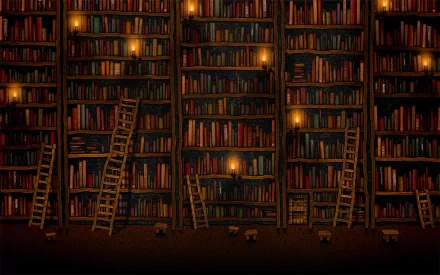 HD wallpaper of a cozy library with tall, wooden bookshelves filled with books and warm lighting. Multiple ladders are propped against the shelves, enhancing the inviting atmosphere.