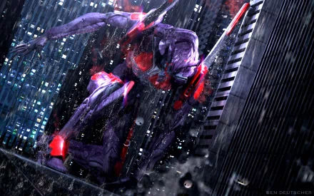 A striking image of Evangelion Unit-01 from the anime Neon Genesis Evangelion, depicted in a dramatic urban setting with rain and skyscrapers, serving as a dynamic HD desktop wallpaper.