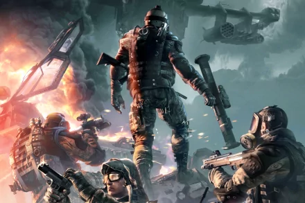 HD desktop wallpaper featuring a dynamic scene from the video game Warface, depicting armed soldiers in combat with explosions and aircraft in the background.