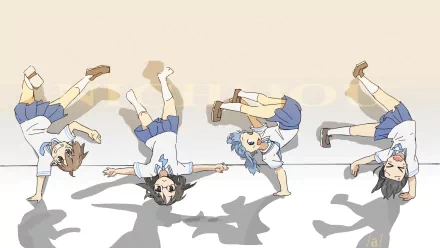 Anime characters from Nichijō engage in playful antics, showcasing their unique poses against a simple backdrop. This HD wallpaper captures the cheerful essence of the series.