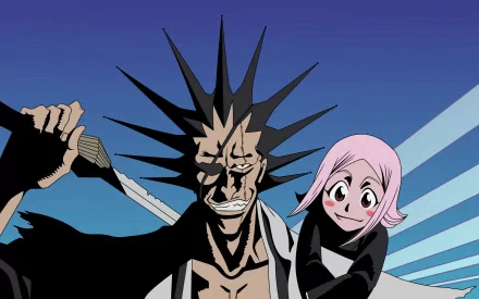 Kenpachi Zaraki and Yachiru Kusajishi from Bleach — anime HD desktop wallpaper: Kenpachi grins, spiked hair and raised sword, Yachiru perched on his shoulder against a blue background.