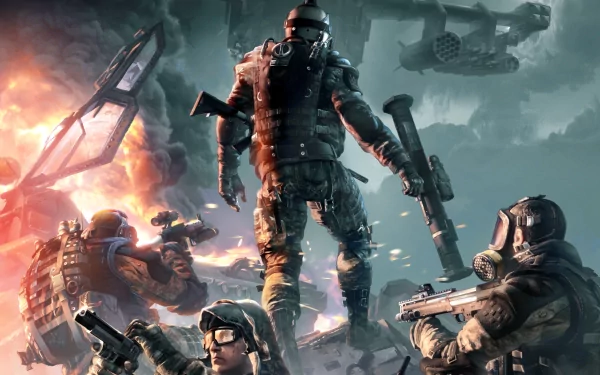 HD desktop wallpaper featuring a dynamic scene from the video game Warface, depicting armed soldiers in combat with explosions and aircraft in the background.