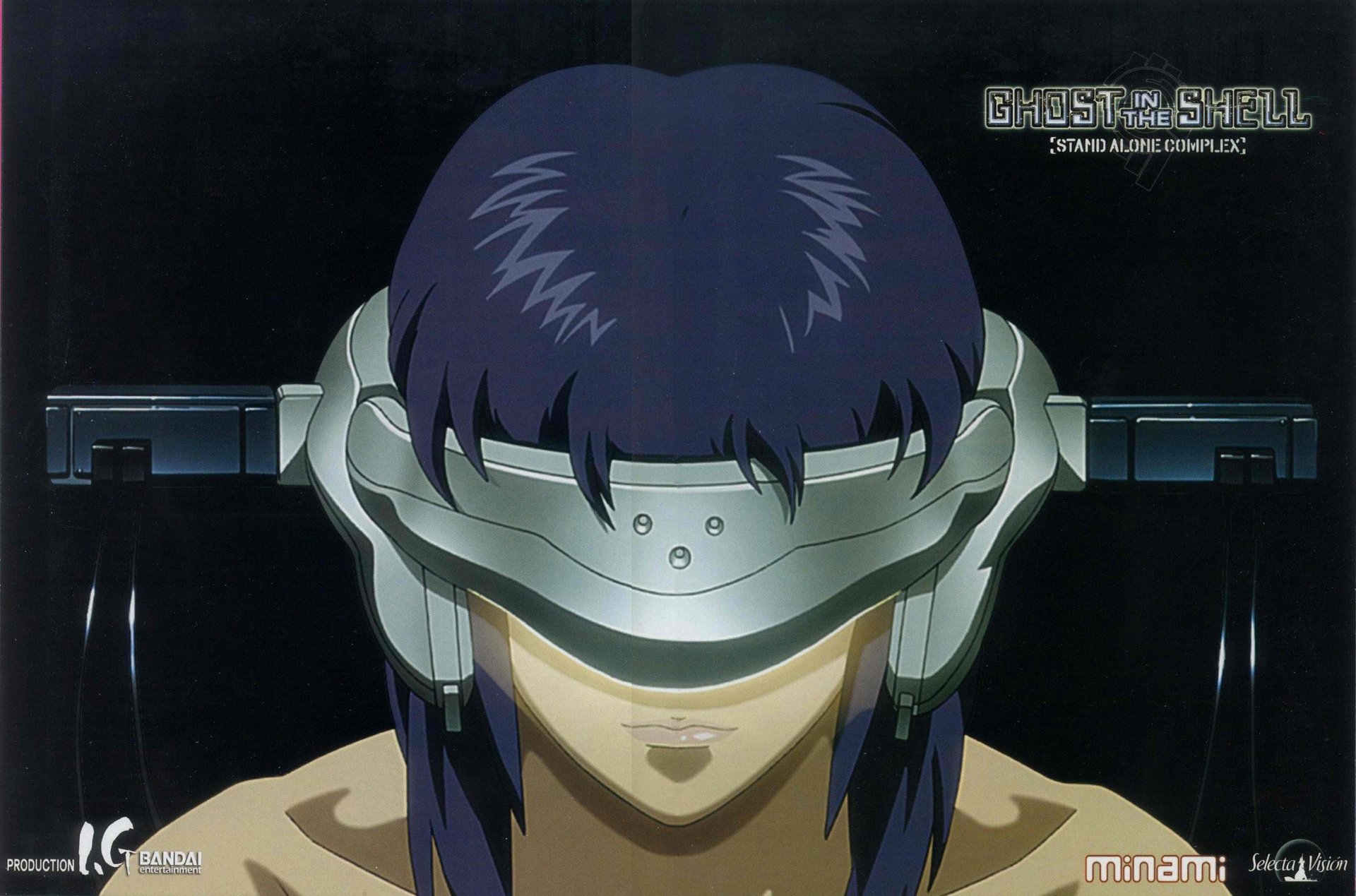 Anime, Ghost in the Shell 2K Quad HD PC desktop wallpaper: purple-haired cyborg woman wearing a visor, head bowed against a dark, high-tech background.