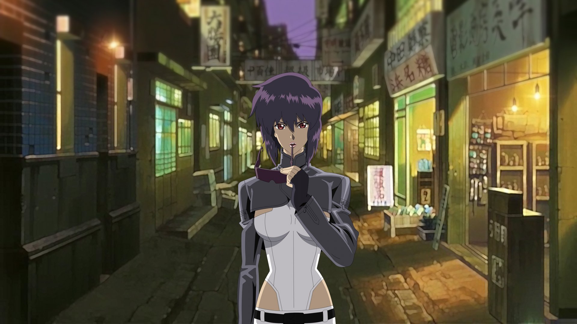 HD PC desktop wallpaper featuring an anime scene from Ghost in the Shell, depicting Major Motoko Kusanagi standing in a dimly lit urban alley at night.