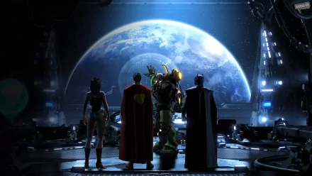 A striking HD wallpaper featuring iconic DC Comics heroes Wonder Woman, Superman, and Batman facing Earth, with Lex Luthor's imposing figure, set against a cosmic backdrop in DC Universe Online.
