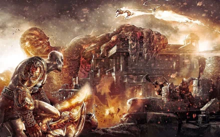 HD desktop wallpaper featuring Kratos from God of War III amidst a dramatic, fiery battle scene. The image showcases intense war elements and mythological characters against an epic background.