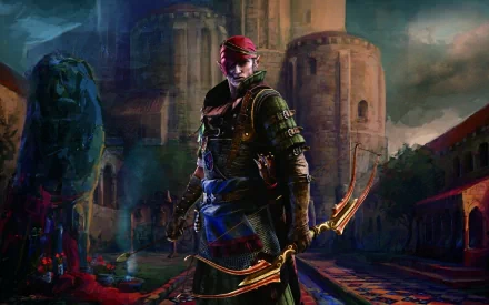 HD desktop wallpaper of an elf archer assassin from the video game The Witcher 2: Assassins of Kings, wielding a bow in a dark, medieval setting.