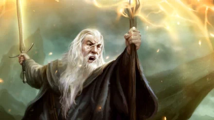 HD painting of Gandalf from The Lord of the Rings, depicting him holding a staff and sword, surrounded by magical energy. Fantasy-themed desktop wallpaper and background.