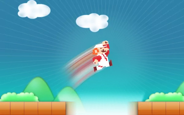 HD desktop wallpaper featuring Super Mario in mid-air, set against a backdrop of clouds and green hills, inspired by the classic video game.