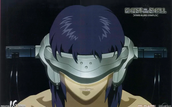Anime, Ghost in the Shell 2K Quad HD PC desktop wallpaper: purple-haired cyborg woman wearing a visor, head bowed against a dark, high-tech background.