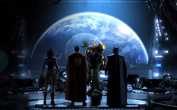 A striking HD wallpaper featuring iconic DC Comics heroes Wonder Woman, Superman, and Batman facing Earth, with Lex Luthor's imposing figure, set against a cosmic backdrop in DC Universe Online.