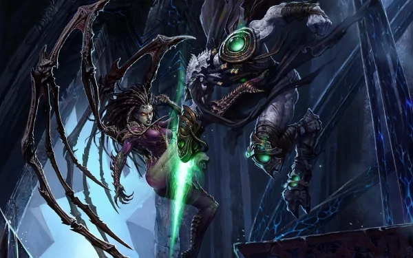 A dynamic scene from Starcraft II: Wings of Liberty, featuring a fierce battle between a creature and a warrior, set against a dark, atmospheric backdrop.
