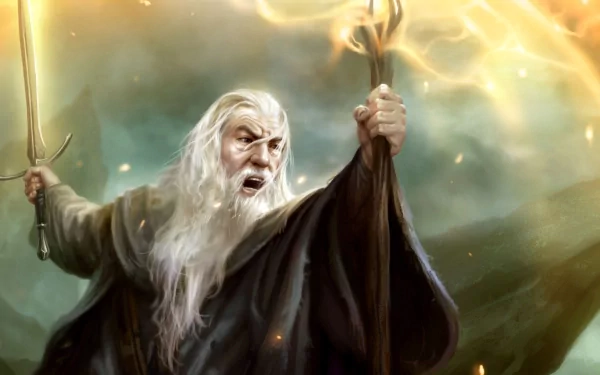 HD painting of Gandalf from The Lord of the Rings, depicting him holding a staff and sword, surrounded by magical energy. Fantasy-themed desktop wallpaper and background.