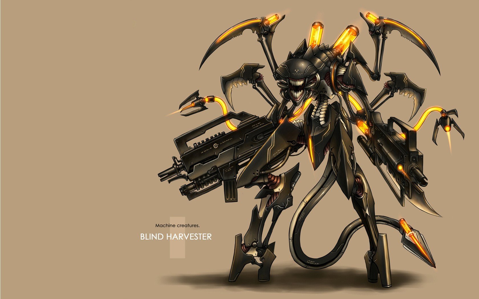HD PC wallpaper features a moefication-style blind harvester robot creature from Anime, showcasing a mechanical design with glowing orange accents and multiple limbs.