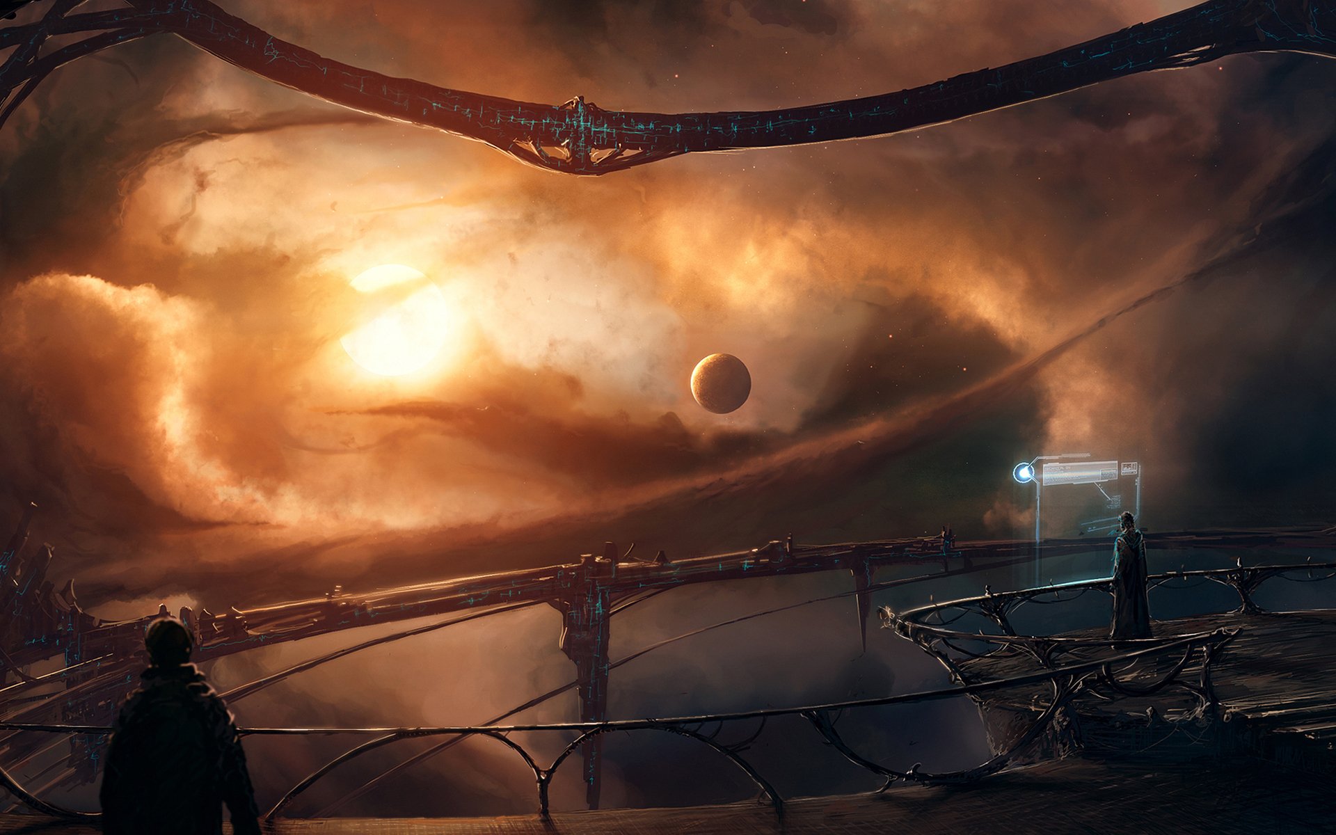 Futuristic spaceship hovers near a distant planet as people stand on a platform, set against a dramatic sci-fi space backdrop in HD.