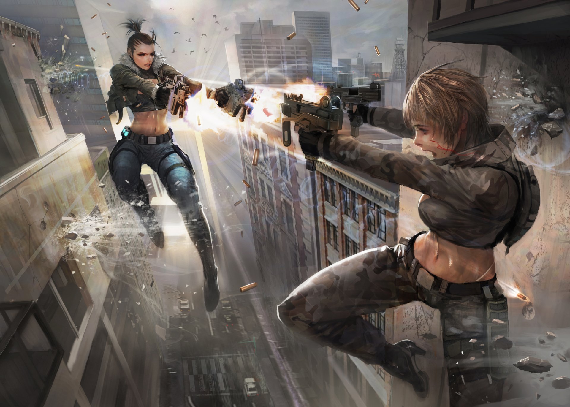 Two women warriors engage in an intense gunfight on a city rooftop, showcasing a dynamic sci-fi scene filled with action and dramatic urban backdrop. HD desktop wallpaper.